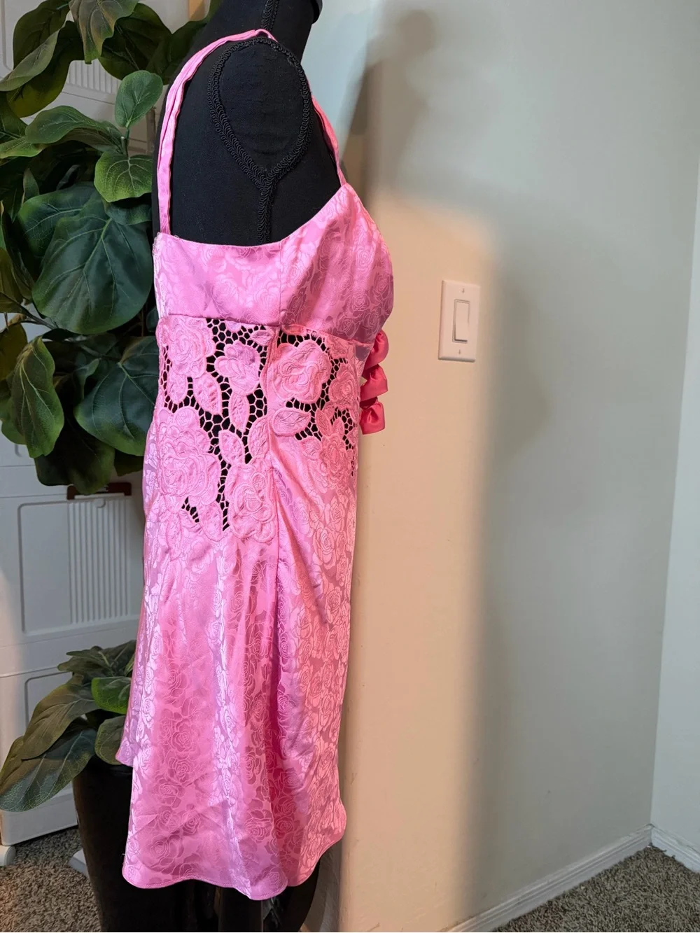 For Love & Lemons x Nuuly Pink Floral Jacquard Rosette Lace Mini Dress Size M